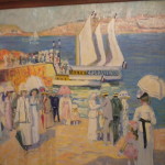 Peinture huile sur panneau "Promenade dans le port" de Hélène Dubourg