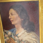 Peinture à l'huile - Portrait de dame aux tulipes C. M. Baltus 1946